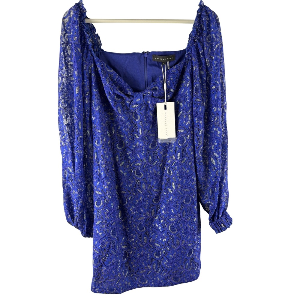 Endless Rose Blue Metallic Lace Mini Dress Small Square Neck Puff Sleeve CH1203D